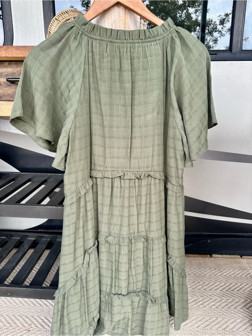 entro Olive Green Tiered Midi Dress with Flutter Sleeves